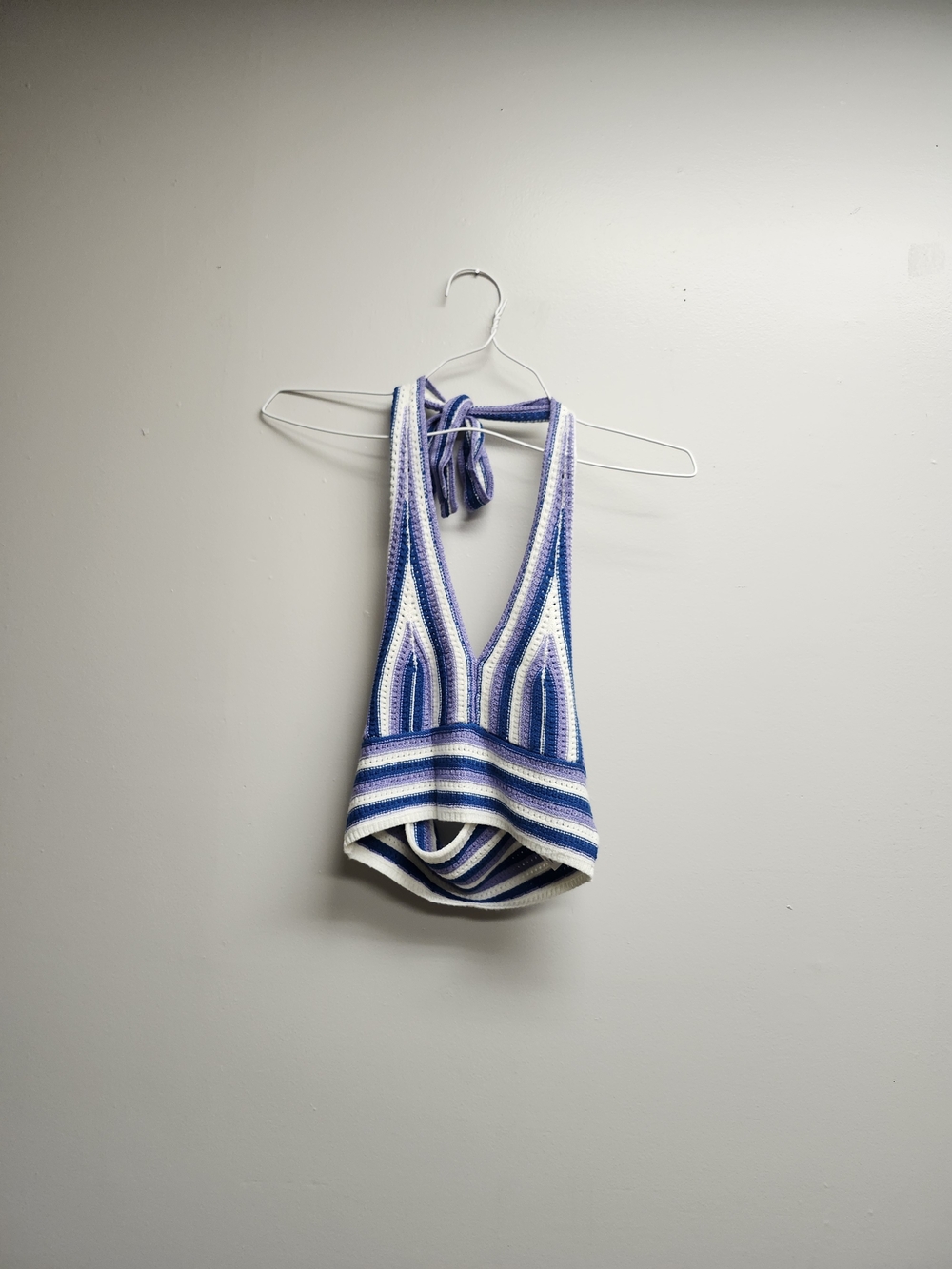 Striped Knit Halter Crop Top in Blue and White